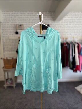 Denim & Co. Beach 3/4-Sleeve Embroidered Pullover Hoodie